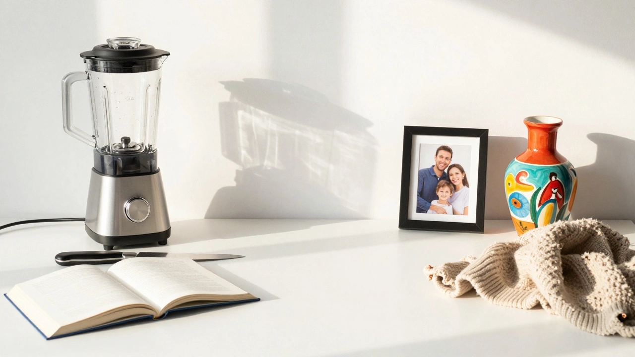 Functional tools and joyful keepsakes arranged separately on a clean white surface