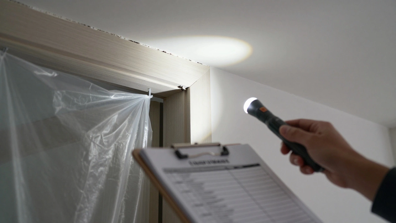 Inspector checking for defects like cracks in a new build property
