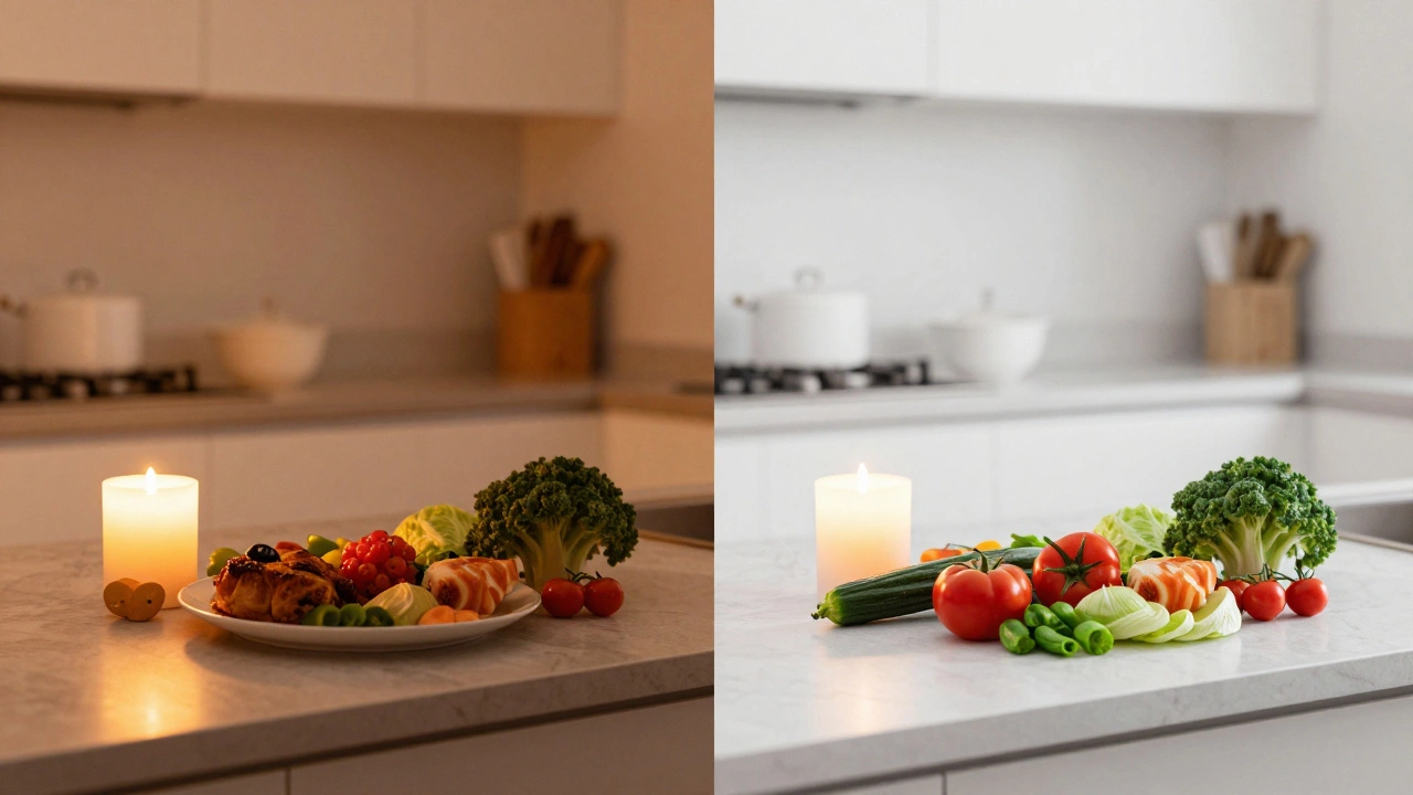 Kitchen comparing warm yellow vs neutral white light temperatures