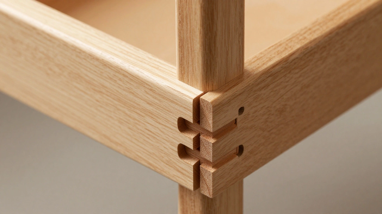 Macro view of strong dovetail and mortise and tenon wood joinery details.