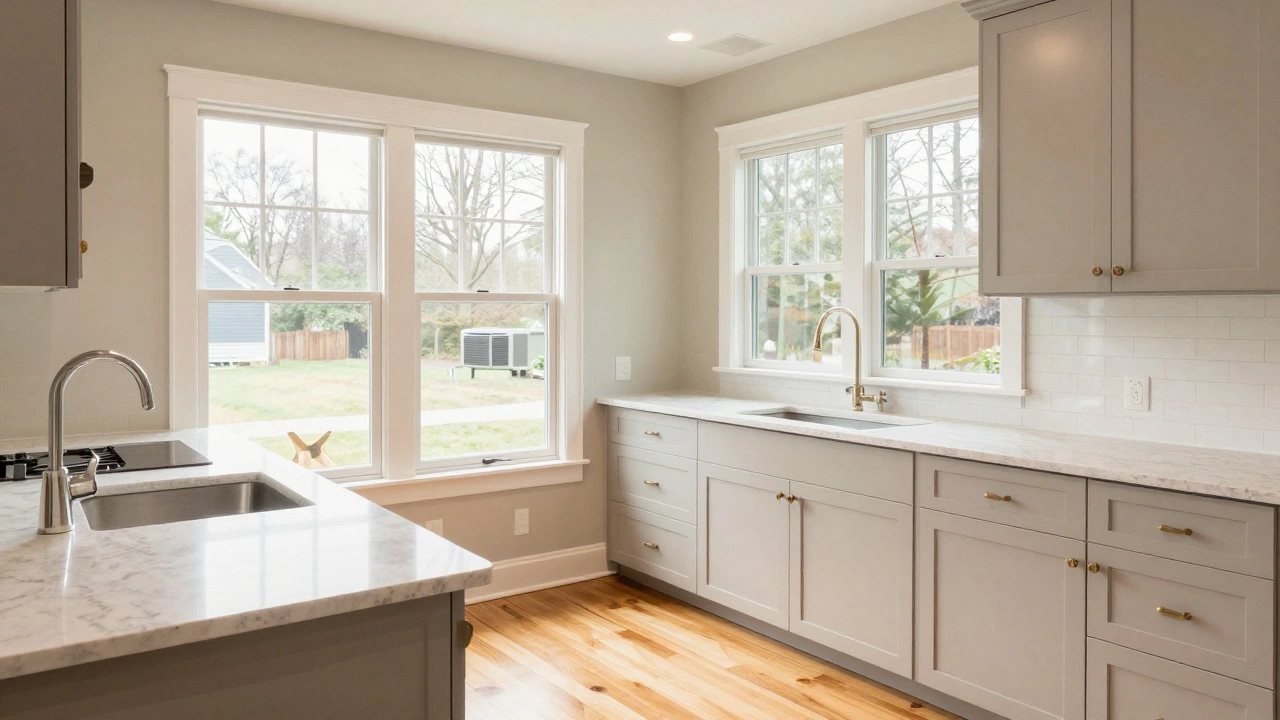 Modern kitchen with quartz counters and hardwood floors in new home