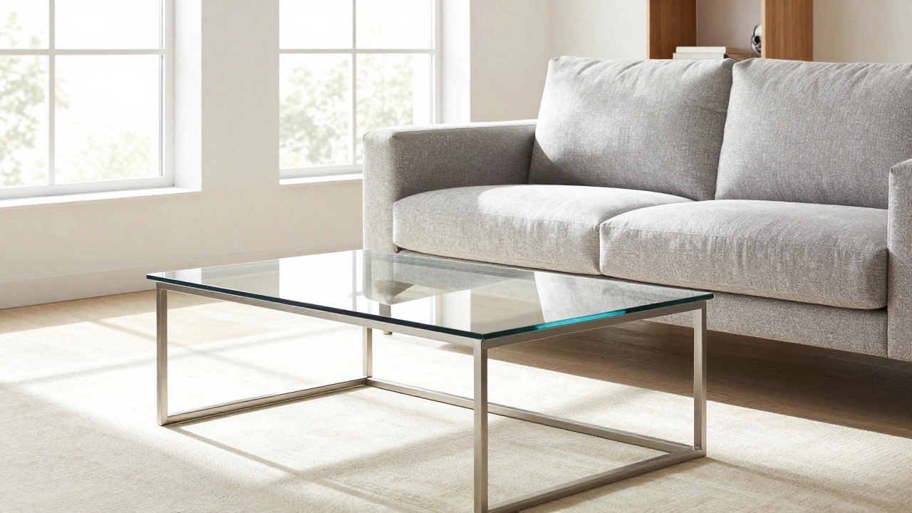 Modern living room with durable performance fabric sofa and steel glass table.