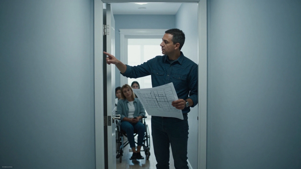 Narrow residential hallway violating commercial egress safety codes