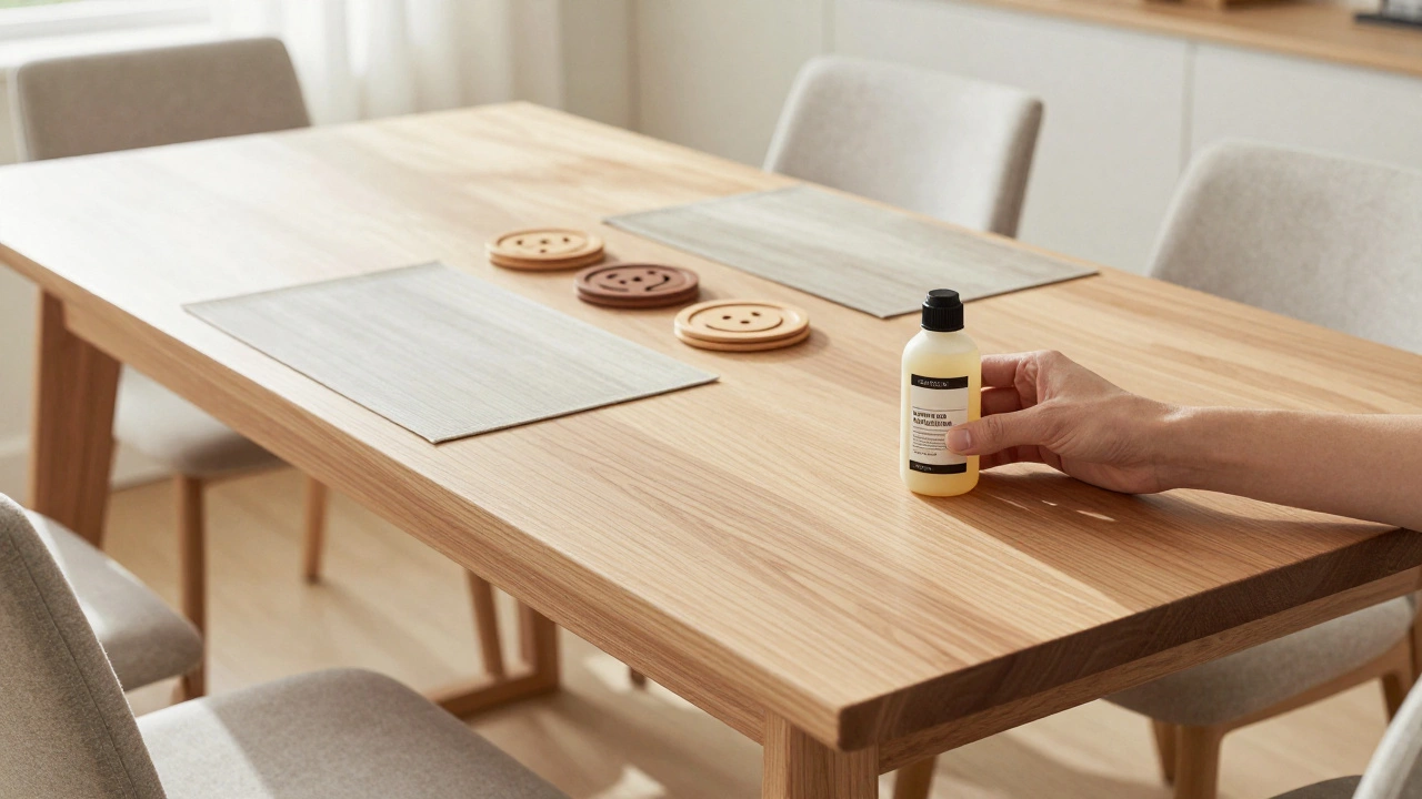 New maple dining table with wood conditioner and coasters