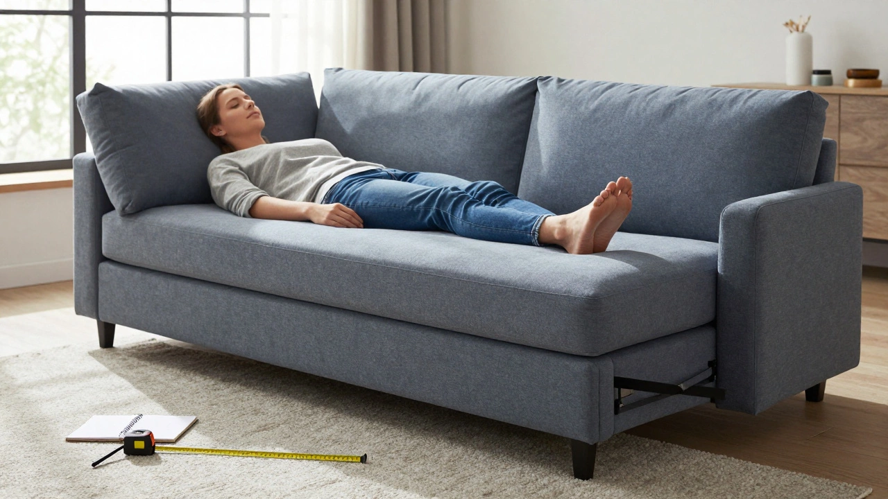 Person resting on an extended sleeper sofa in a bright living room