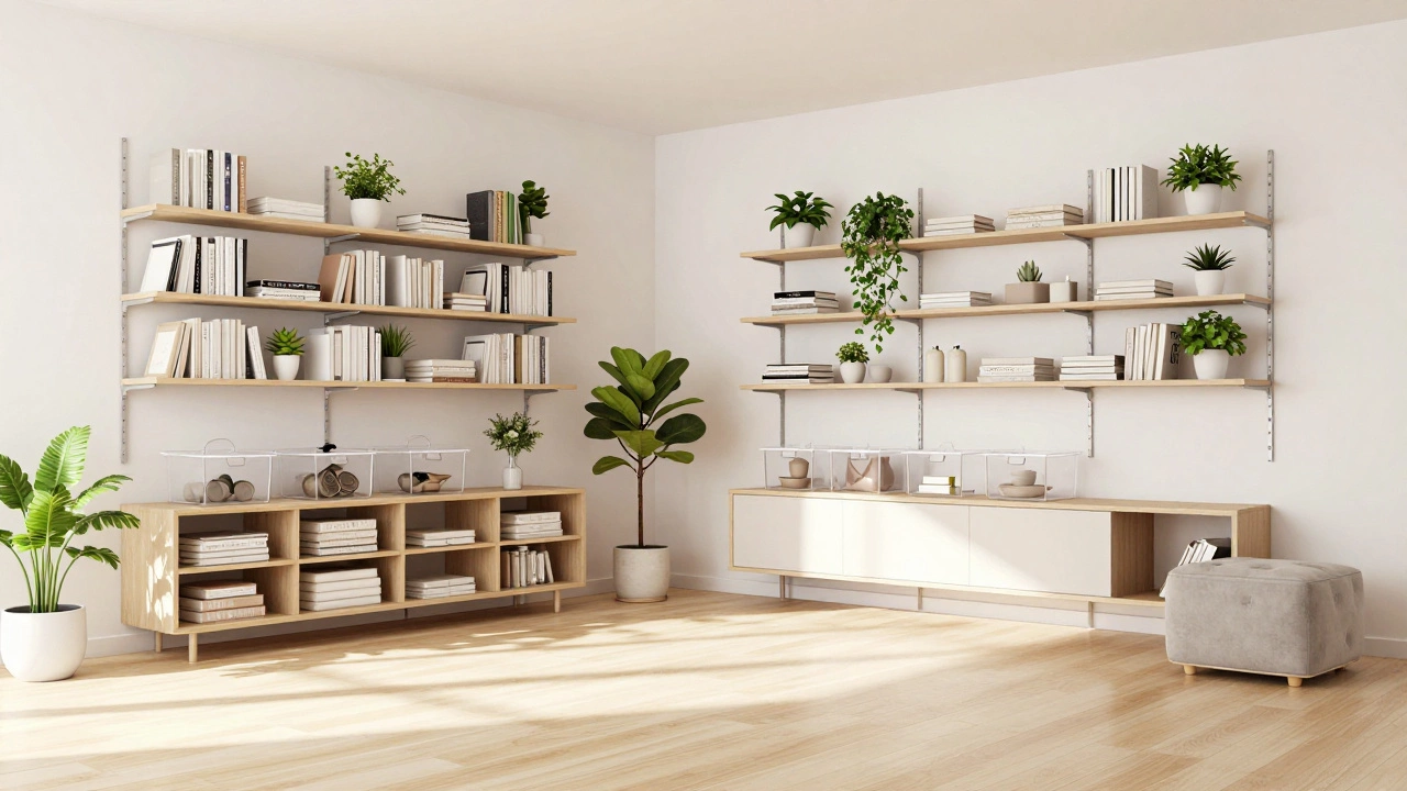 Serene, minimalist living room with vertical shelves and clear storage containers