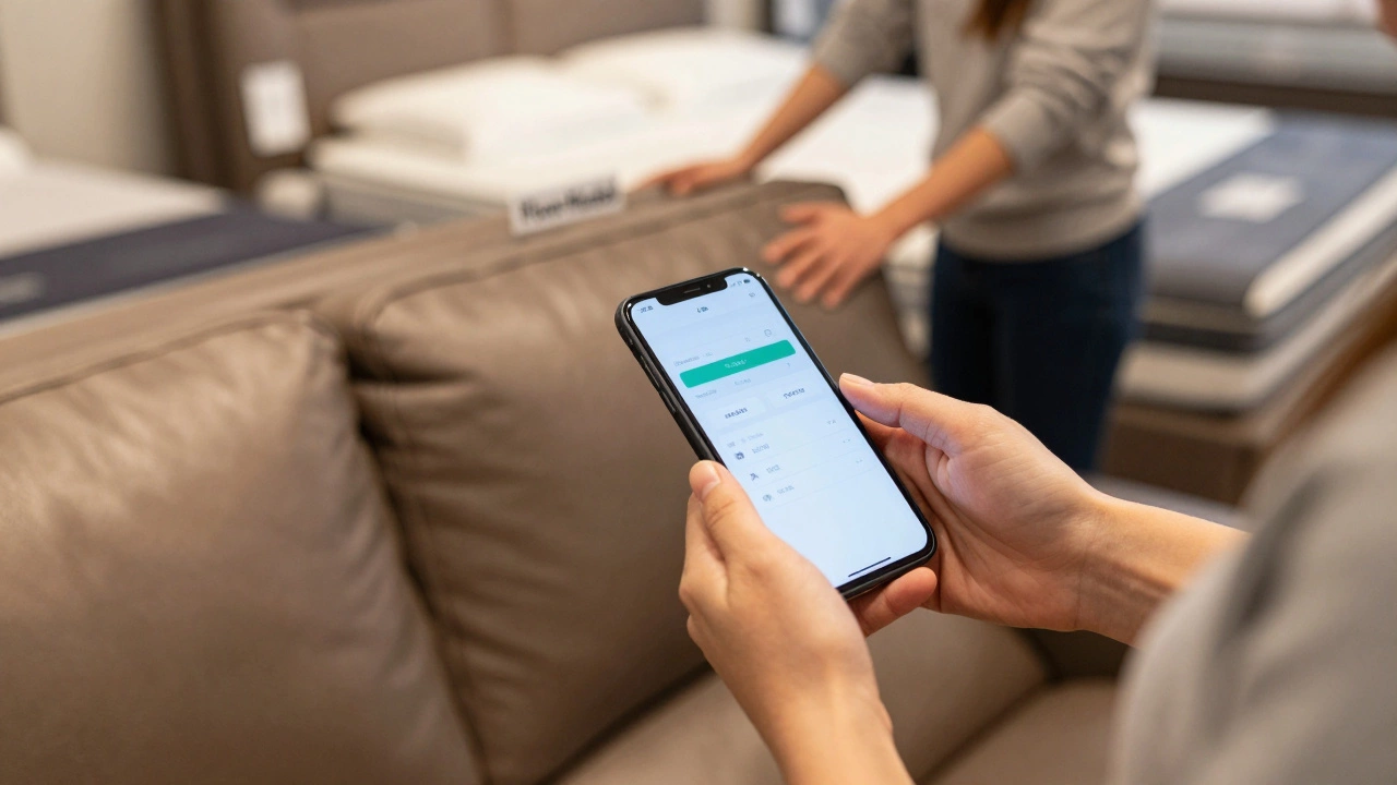 Shopper checking phone next to discounted floor model sofa