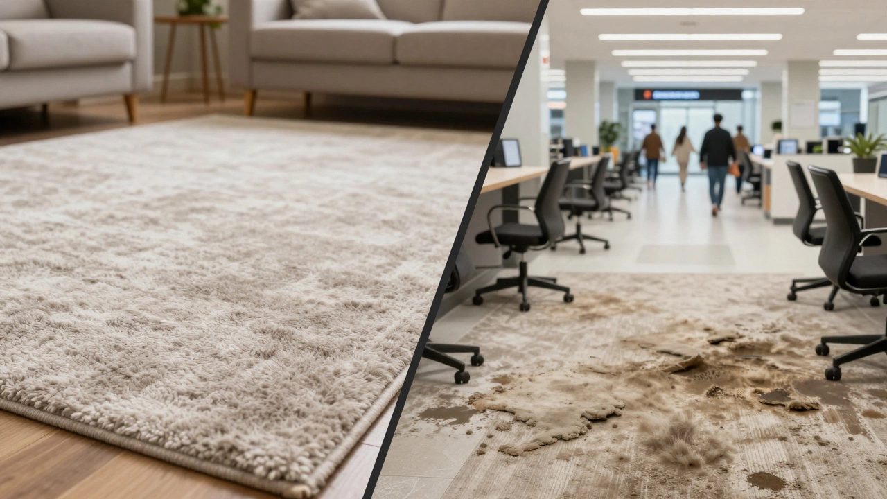 Split view showing residential carpet failing under heavy commercial use
