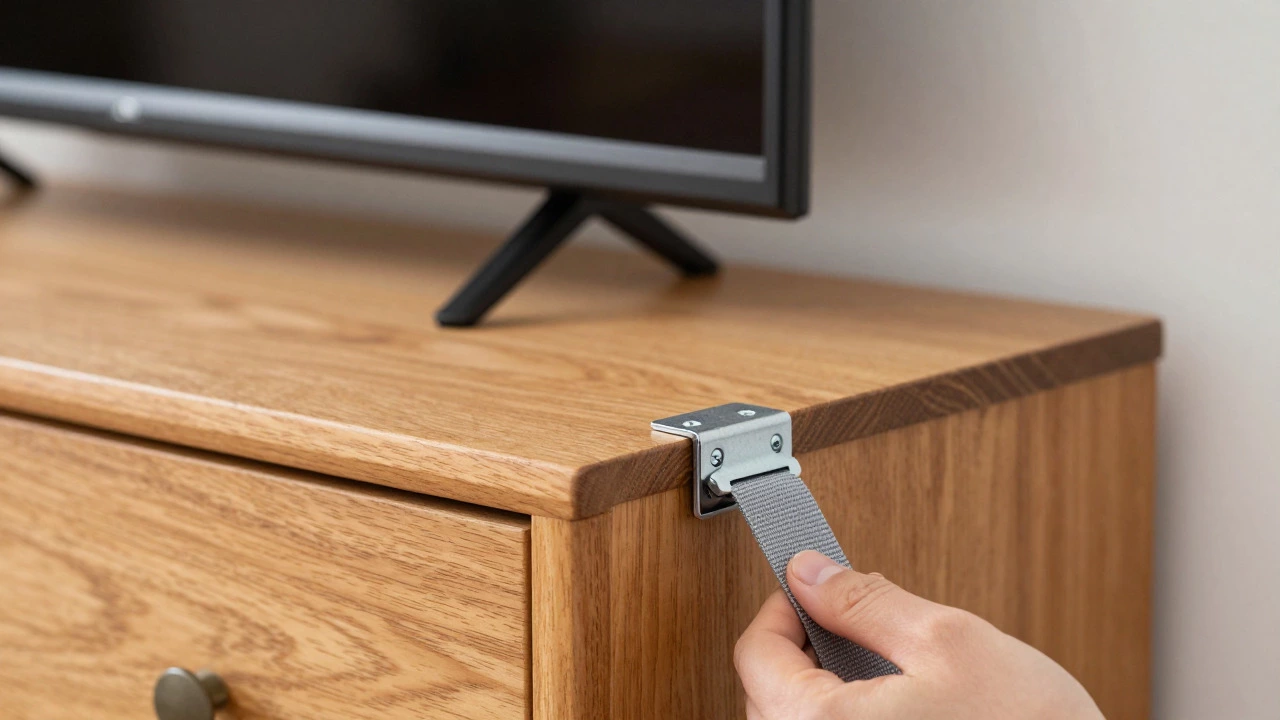 Anti-tip bracket being secured to a wall behind a dresser with a TV