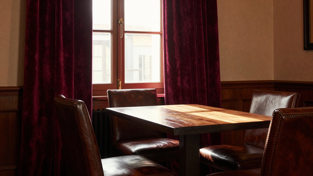 Burgundy velvet curtains coordinating with dark wood furniture