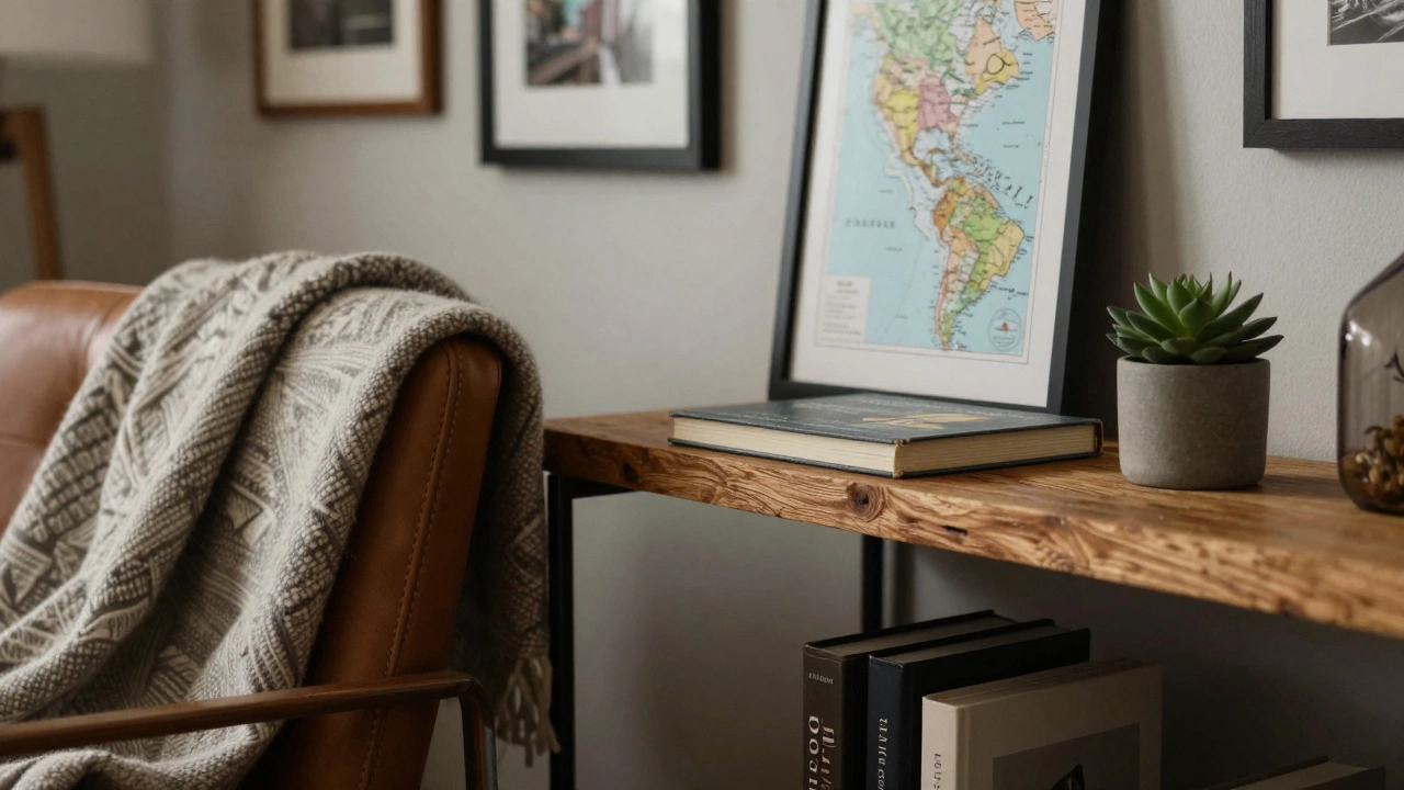 Close-up of mixed textures, plants, and personal decor items on a shelf.