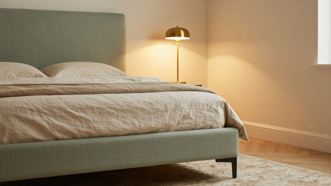 Cozy bedroom with upholstered bed, warm lamp, and area rug