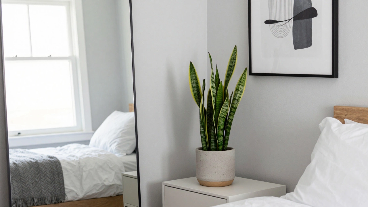 Decorated bedroom corner with plant, mirror, and wall art