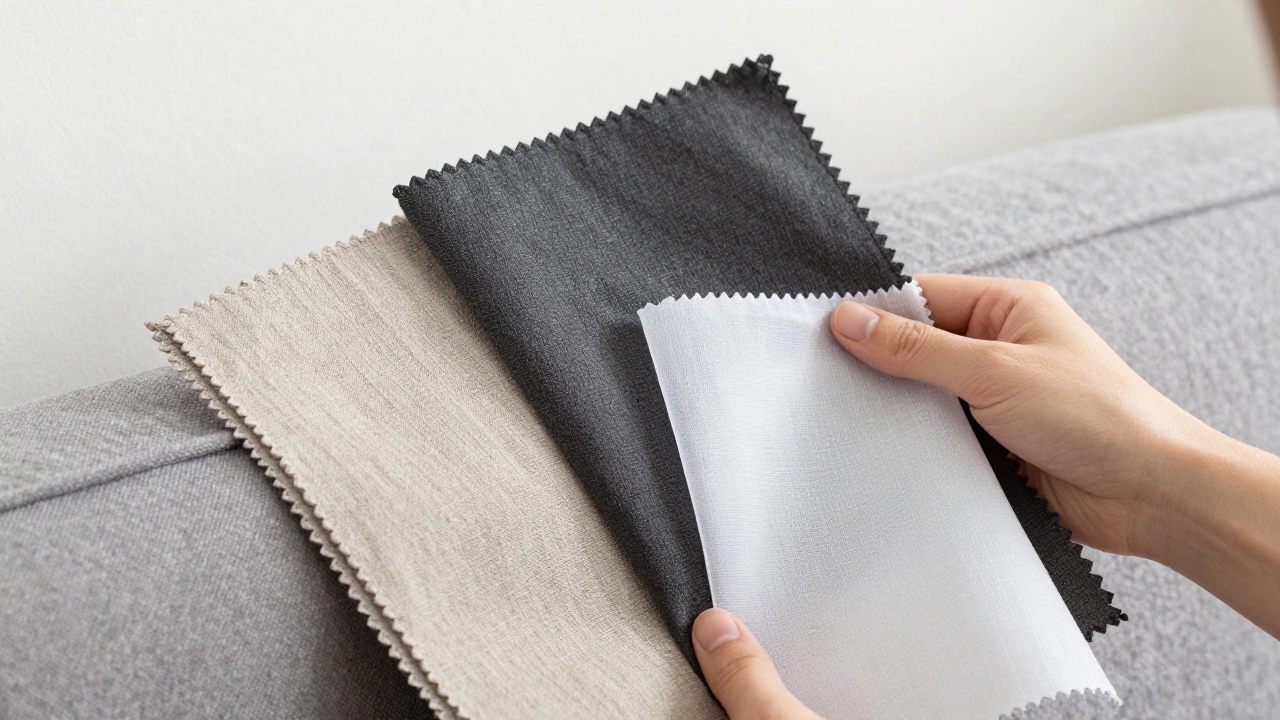 Hand holding fabric swatches for curtain color selection