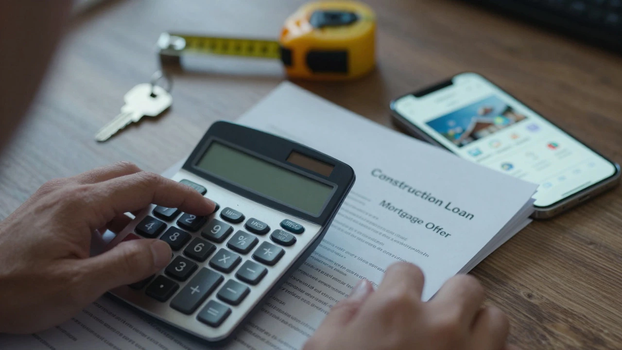 Hands holding mortgage documents and calculator near house keys