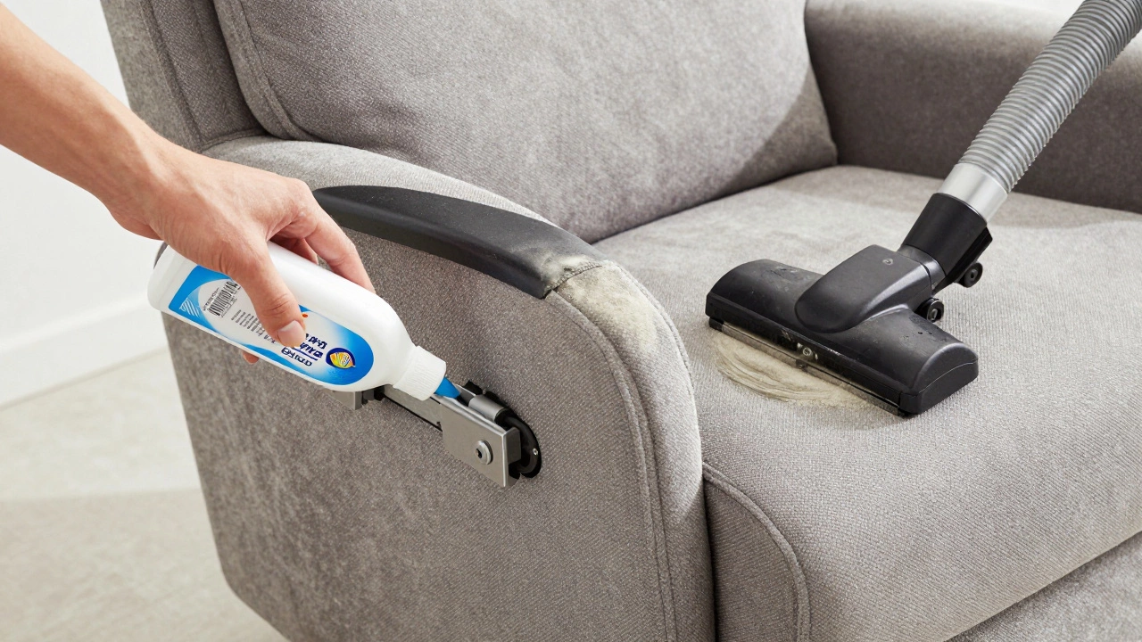 Hands maintaining a recliner by lubricating parts and vacuuming fabric