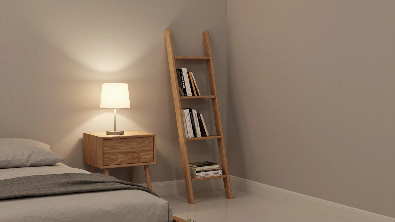 Ladder bookshelf beside bed in compact room