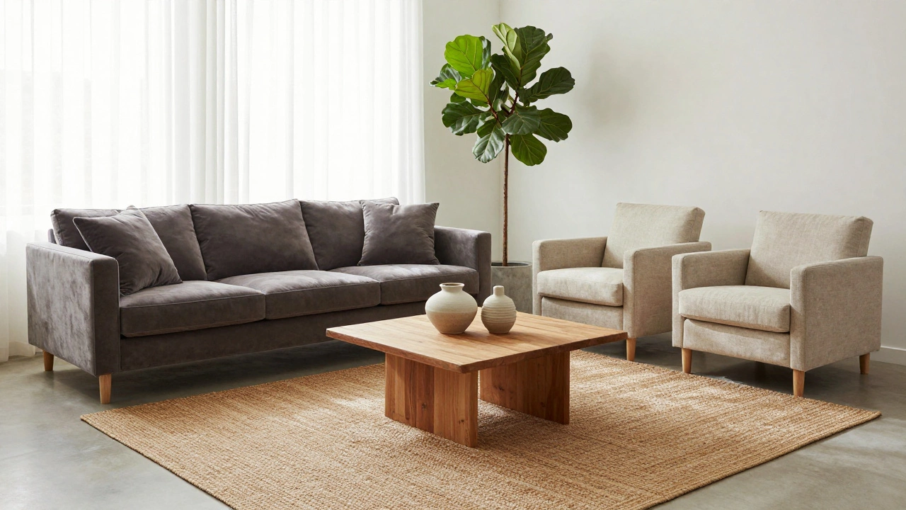 Living room seating area arranged with furniture off walls on a large rug.