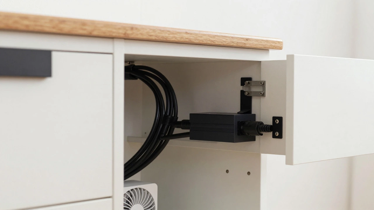 Neat cable management and ventilation setup behind a repurposed dresser