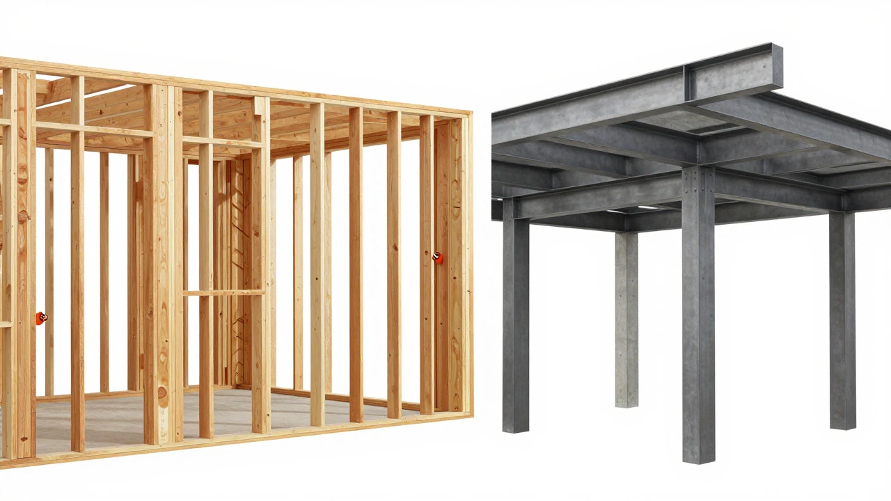 Split view comparing wooden residential frames with steel commercial structures