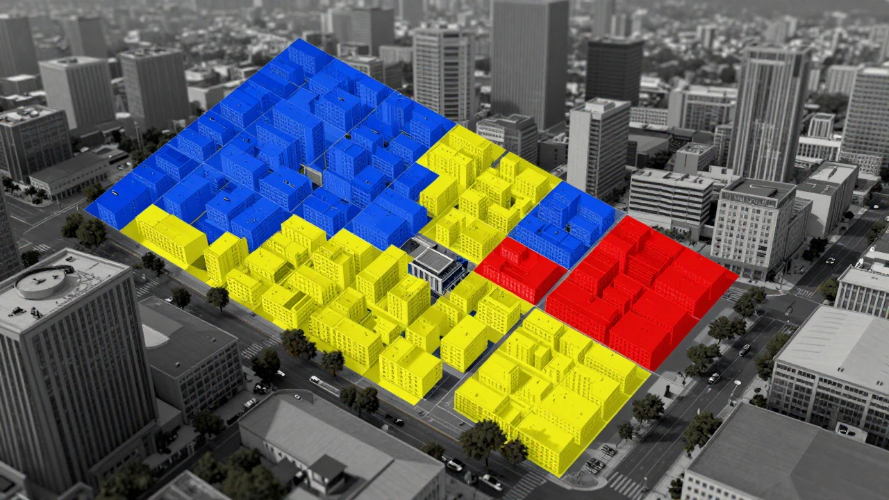 Stylized cityscape with color-coded zoning overlays indicating land use types
