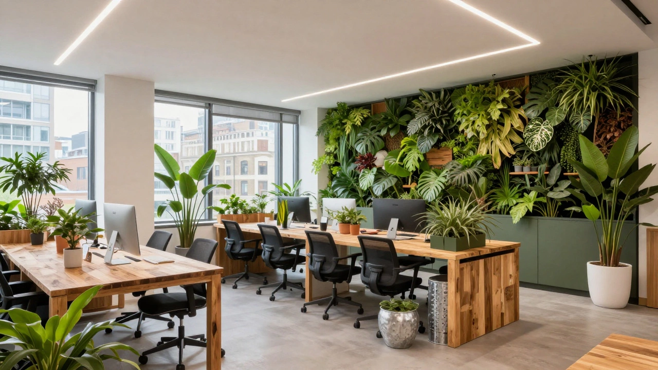 Sustainable office space with green walls and natural lighting