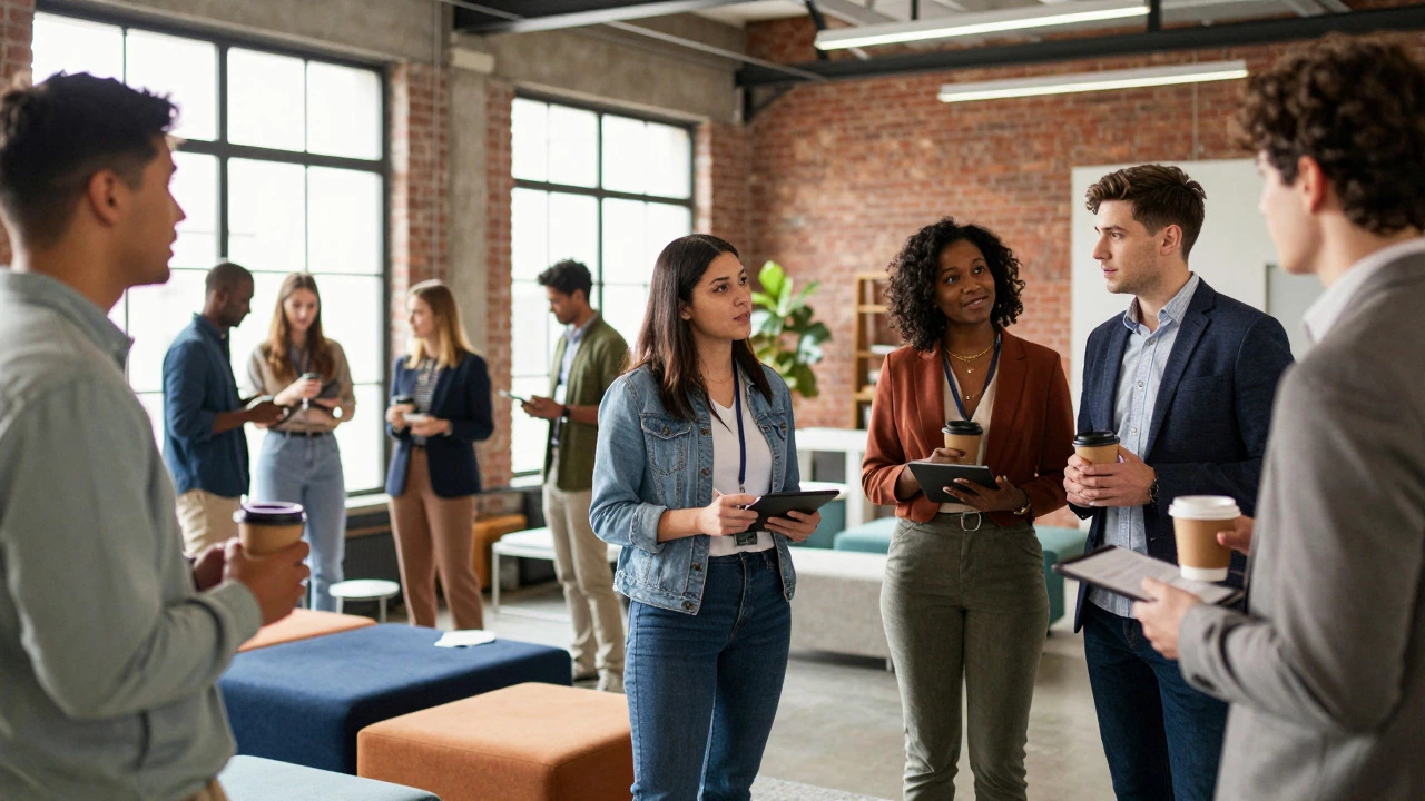 Young designers networking and collaborating at a modern industry event