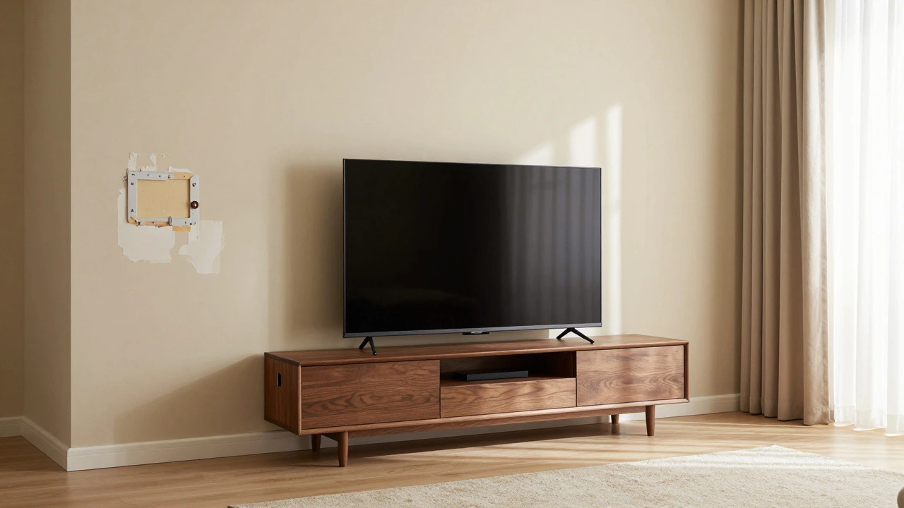 A flat-screen TV sitting on a media console in a tidy living room