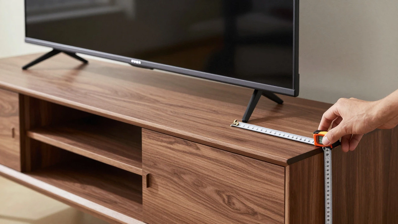 A person measuring the clearance of a 75-inch TV base on a wooden media stand