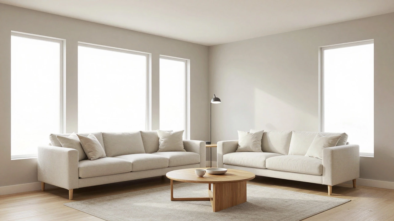 Bright living room with greige walls and natural light illustrating neutral interior design