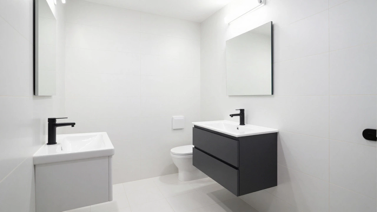Bright, modern small bathroom with white tiles and matte black fixtures