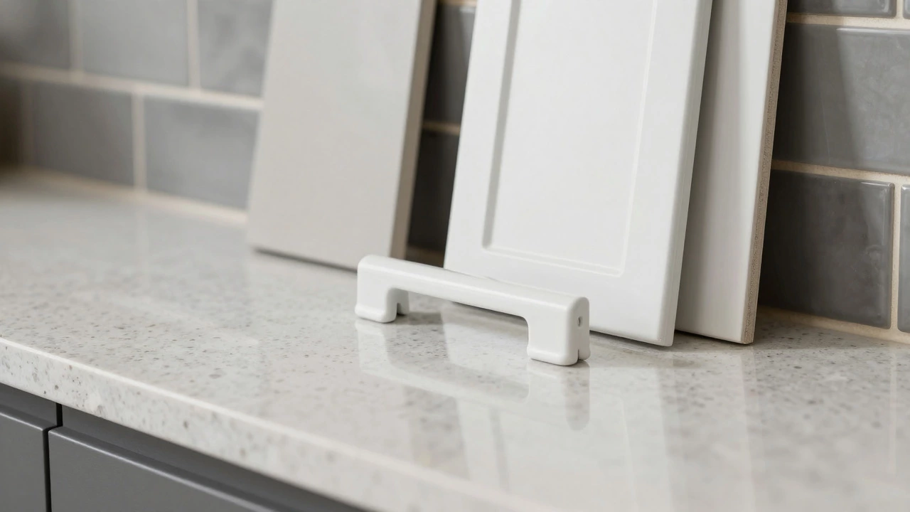 Close-up of quartz countertops and white cabinet hardware samples