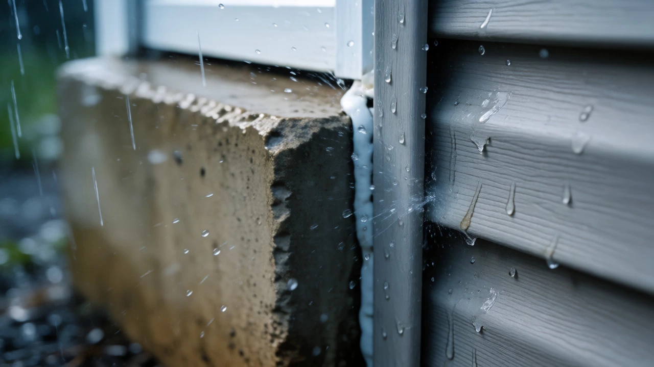 Close-up of rain hitting vinyl siding near a window seal next to a durable concrete foundation.