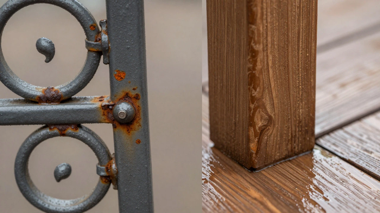 Close up of rust on iron and wet wood grain