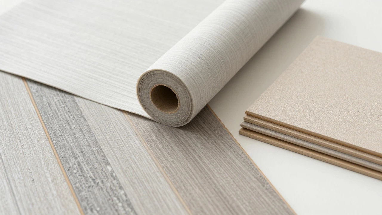 Close-up of sheet vinyl, luxury vinyl planks, and carpet tiles displayed on a workbench