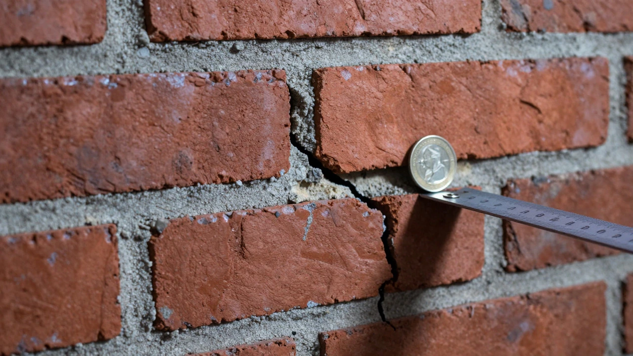 Close-up of stair-step crack in brick foundation wall