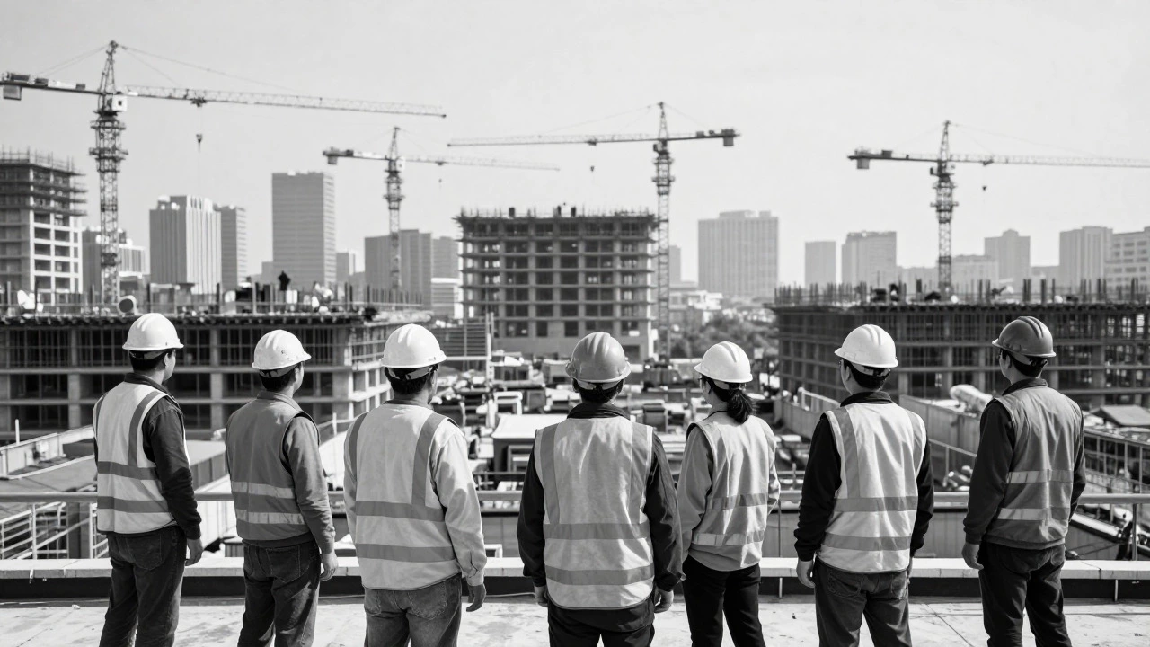 Construction workers on a rooftop overlooking a city skyline with multiple cranes