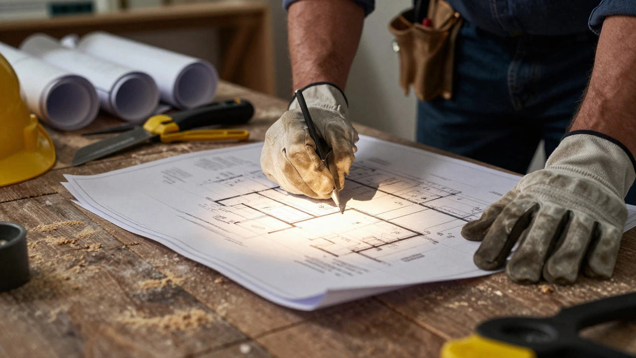 Contractor's hands reviewing detailed blueprints on a workbench