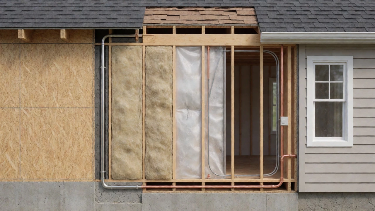 Cross-section illustration of house walls showing different material lifespans and structural layers.