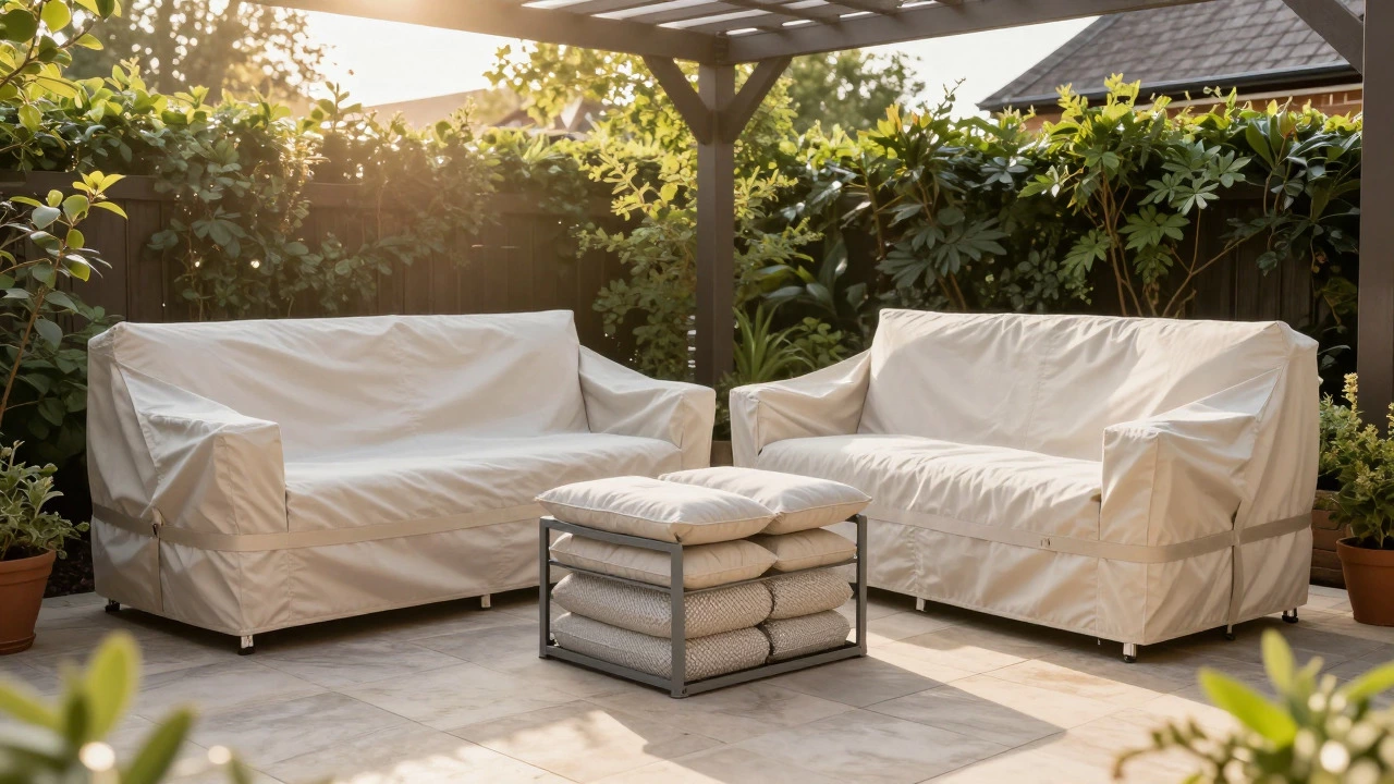 Dry covered furniture under a sunny pergola