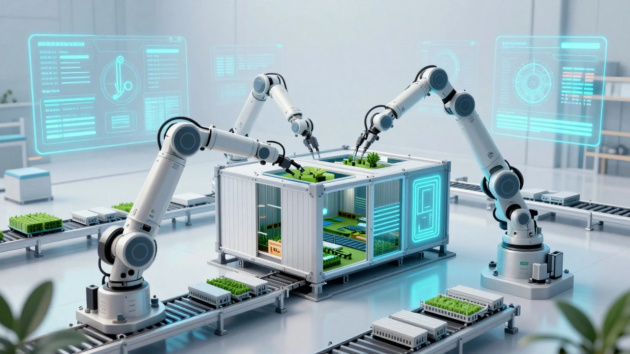 Futuristic illustration of robotic assembly of modular buildings with digital data overlays