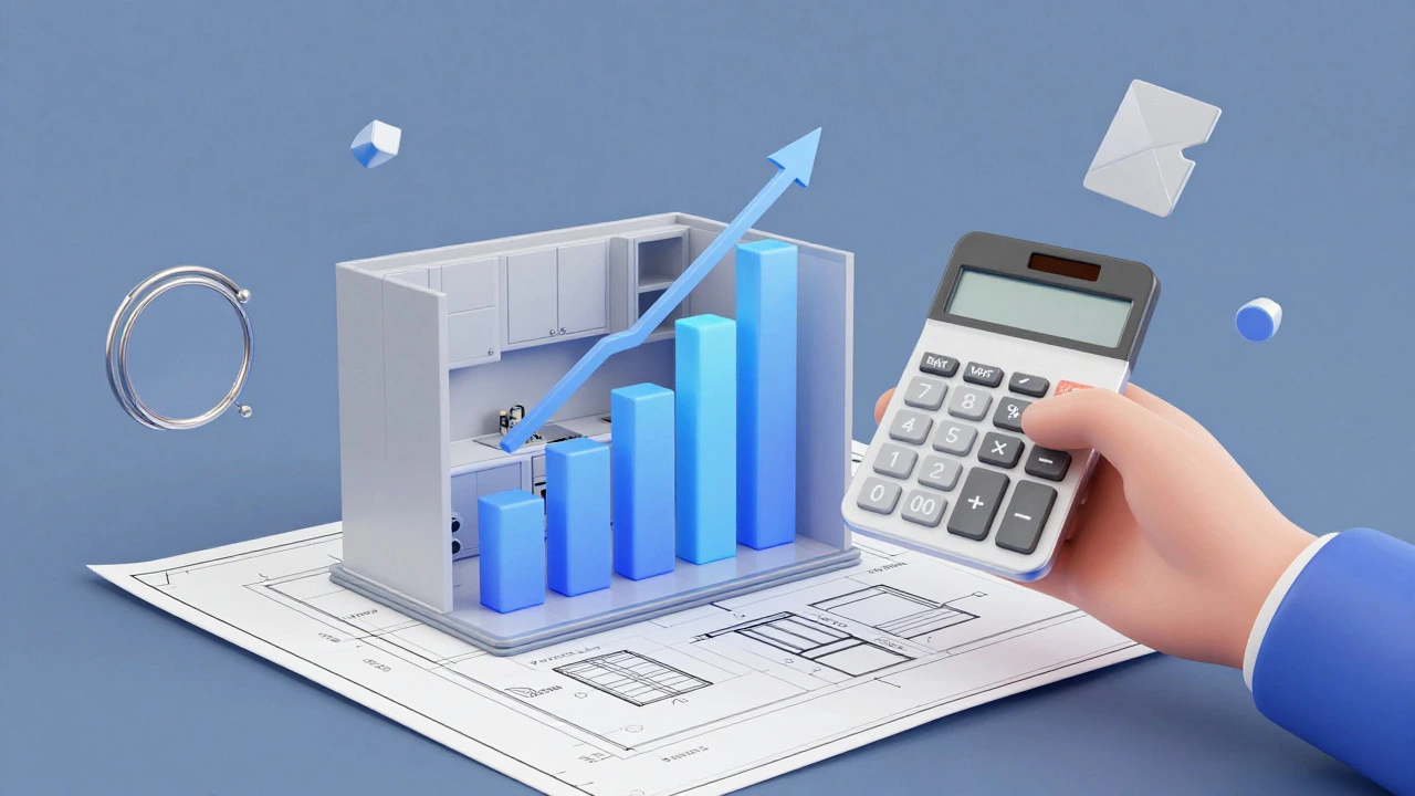 Hand holding a calculator over a kitchen blueprint with cost overlays