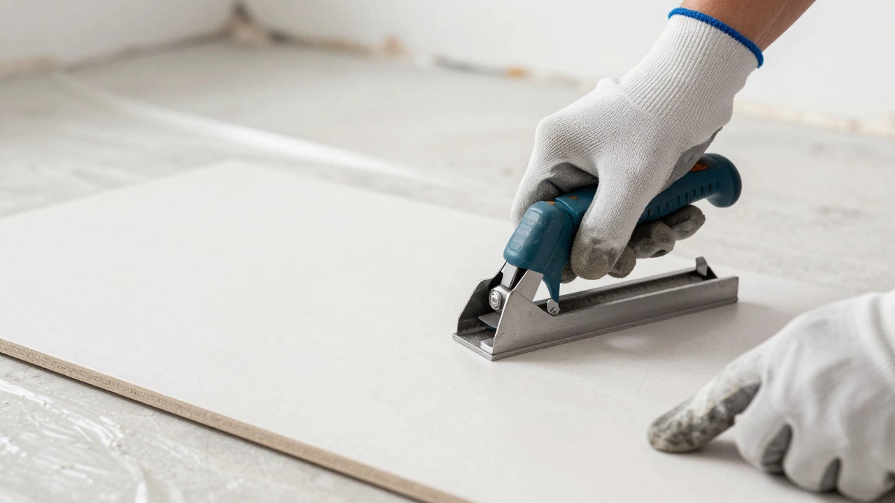 Hands using a tile cutter on a large ceramic tile during renovation