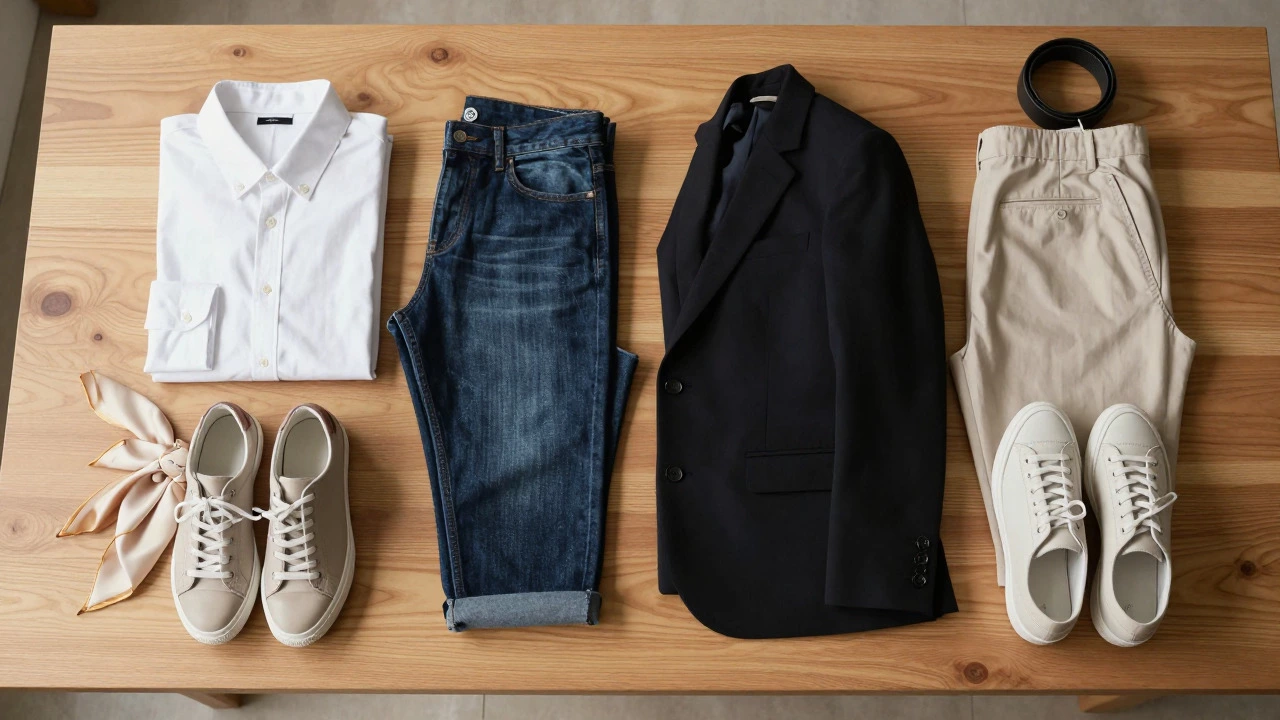 Neatly folded capsule wardrobe essentials laid out on a wooden surface