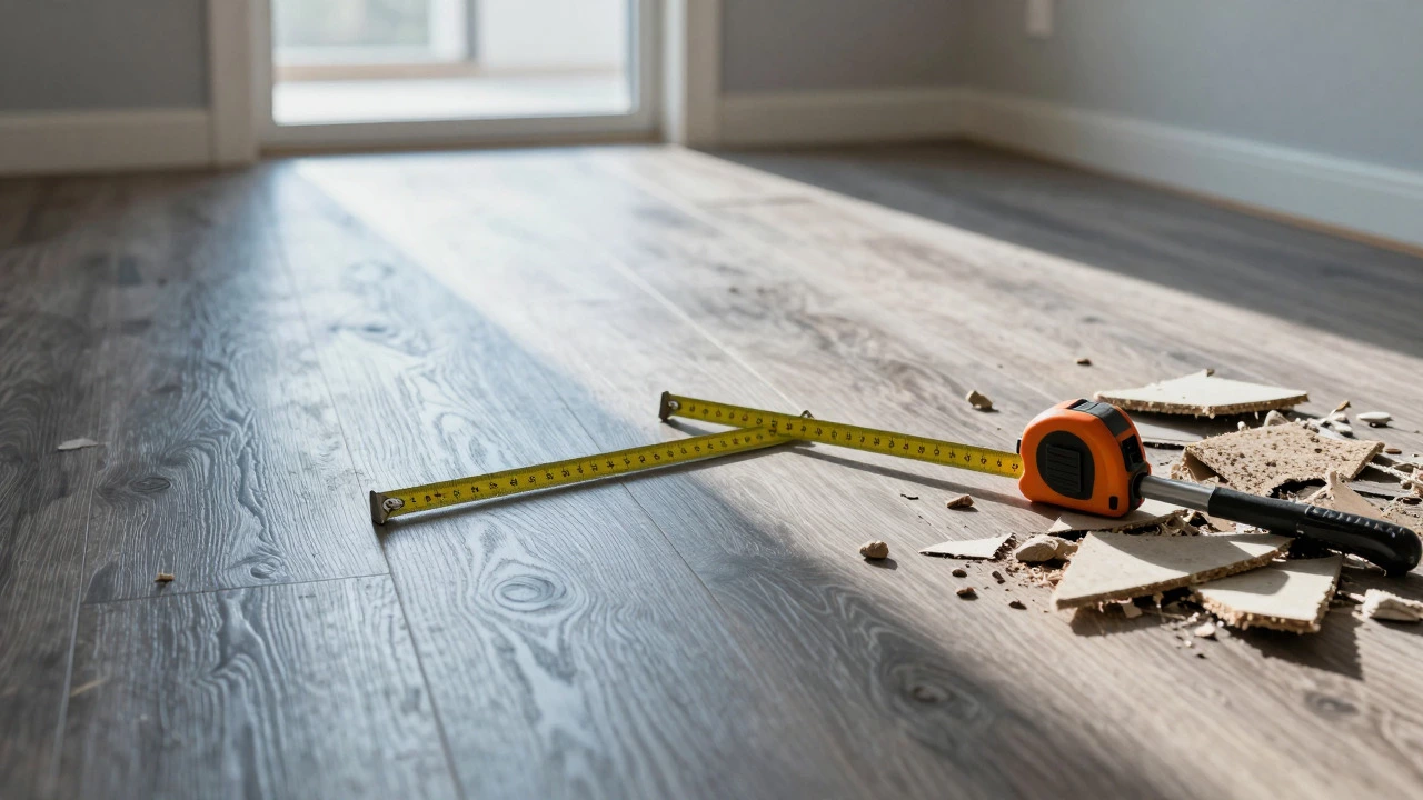 Newly installed floor with shadows of tools and debris symbolizing hidden renovation costs