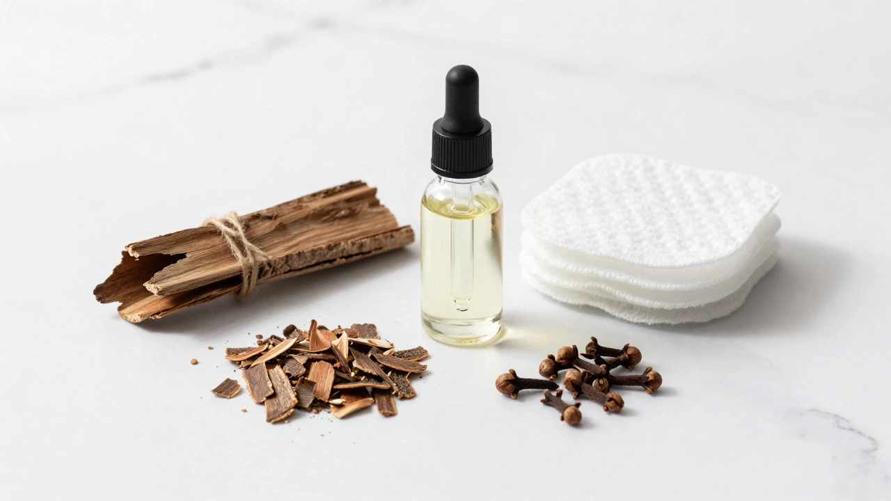 Peppermint oil, cedar chips, and cloves on a white surface