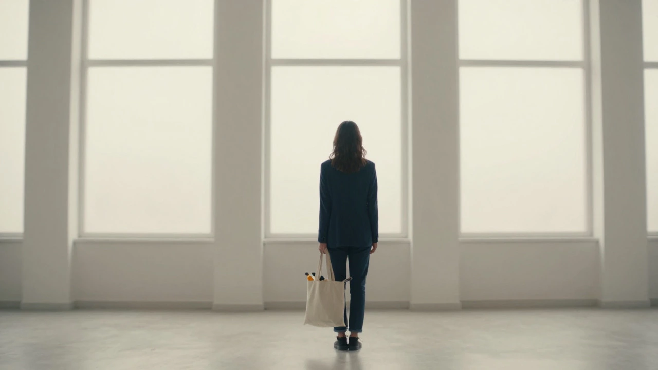 Person standing calmly in a bright room holding a single bag, symbolizing minimalism