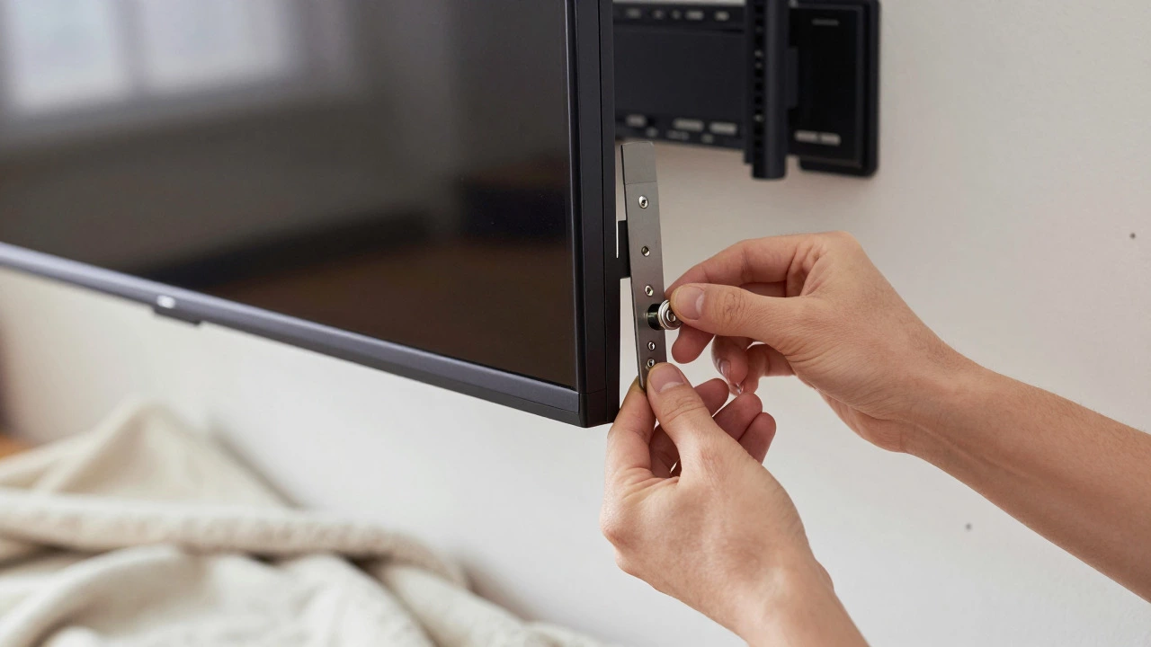 Two people carefully unscrewing a TV from a wall mount over a blanket