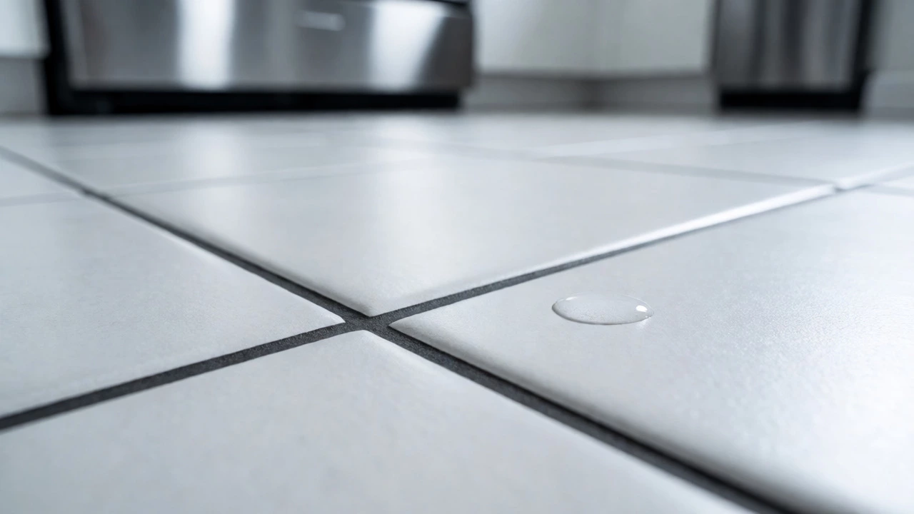 Water droplet beading on matte porcelain tile with clean grout