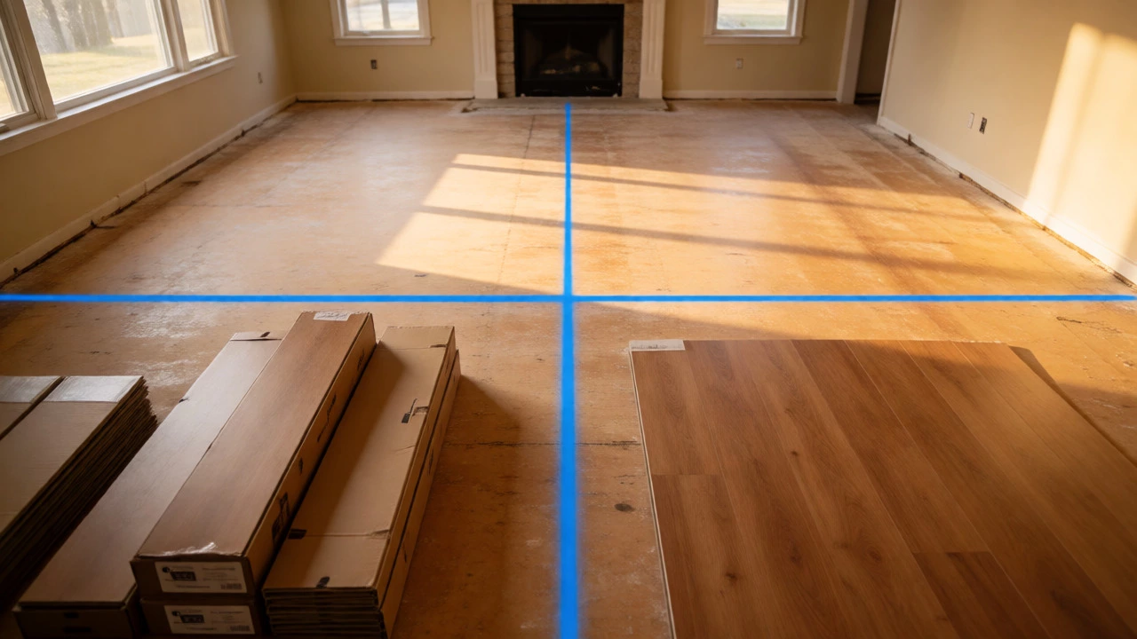Blue chalk lines marking the center axis on a plywood subfloor in a room